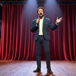 ** A musical actor, confidently introducing themselves. The background should hint at stage performances.

**