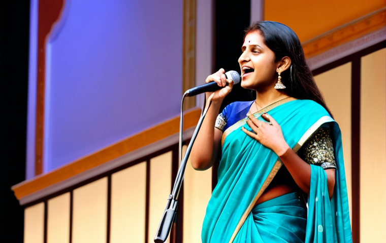 **

"A talented Indian woman, fully clothed in a modest and elegant saree, singing passionately on a brightly lit stage. Professional microphone in front of her, confident expression, perfect anatomy, correct proportions, well-formed hands, proper finger count, natural pose, safe for work, appropriate content, professional, family-friendly, concert hall background, high quality, vibrant colors."

**