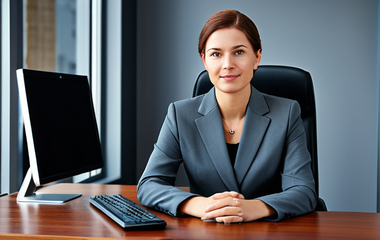 뮤지컬 배우의 감정 일기 작성법 - A professional businesswoman in a modest business suit, sitting at a desk in a modern office, fully ...