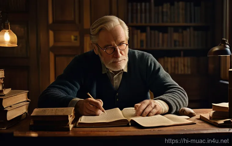 뮤지컬 배우의 연기 스타일 개발 - **Prompt:** A dedicated actor, deeply immersed in character research, sits at a wooden desk overflow...