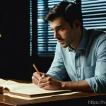 뮤지컬 배우의 연기 연구법 - **Prompt:** A focused and thoughtful male actor, mid-30s, with short dark hair, wearing a clean, sma...