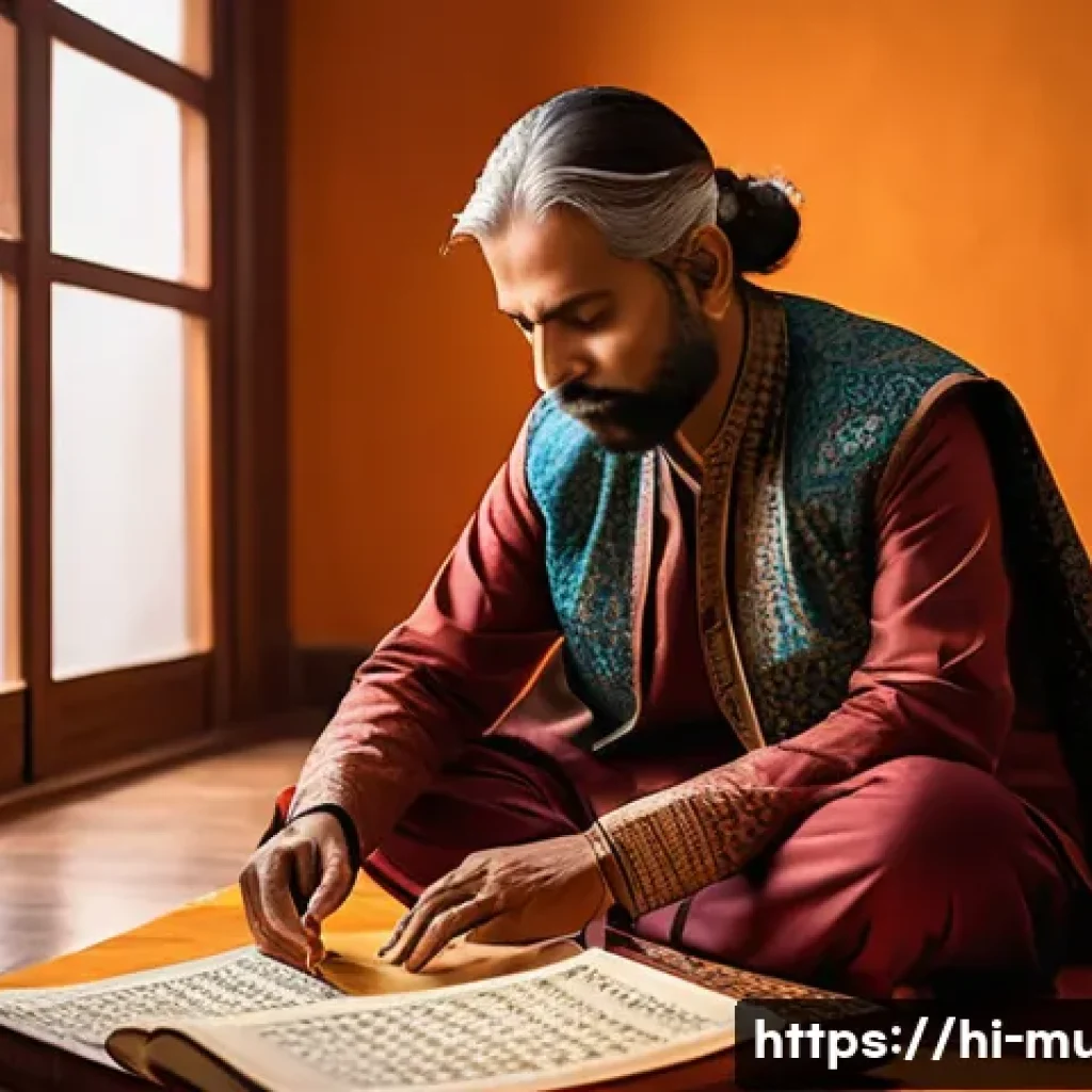 뮤지컬 배우의 작품 선택 기준 - A thoughtful Indian musical artist in traditional attire thoughtfully reviewing a script with intric...