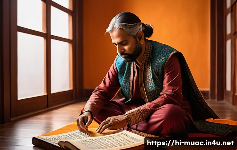 뮤지컬 배우의 작품 선택 기준 - A thoughtful Indian musical artist in traditional attire thoughtfully reviewing a script with intric...