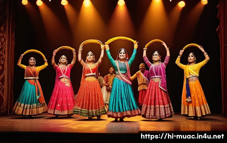 뮤지컬 배우의 협동 프로젝트 사례 - A vibrant backstage scene in a Hindi musical theater production, showing a diverse team of performer...