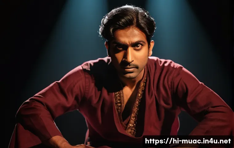 뮤지컬 배우의 작품 이해와 캐릭터 분석 - A deeply expressive male musical theatre actor in traditional Indian attire, performing on stage wit...