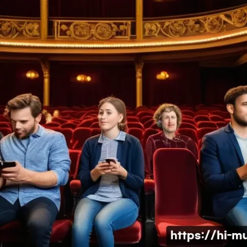 Home 17 뮤지컬 배우의 공연장 에티켓 사례 - A serene musical theater scene showing a diverse audience seated respectfully in their assigned seat...