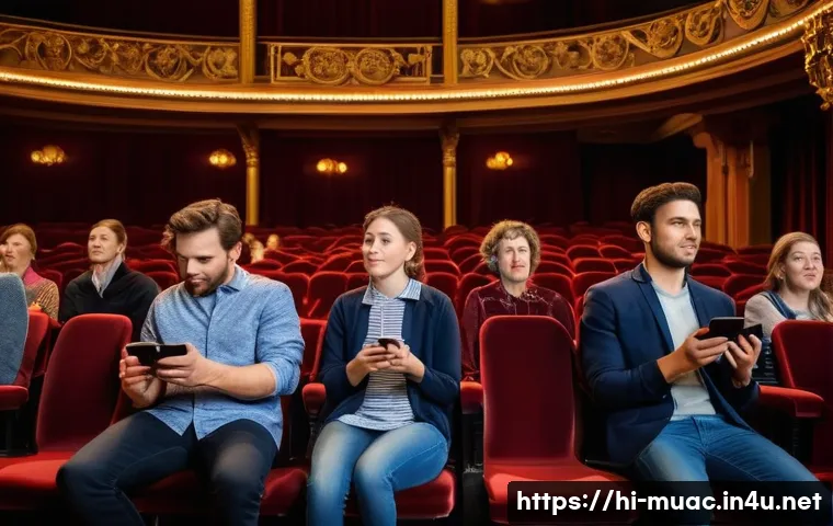 뮤지컬 배우의 공연장 에티켓 사례 - A serene musical theater scene showing a diverse audience seated respectfully in their assigned seat...