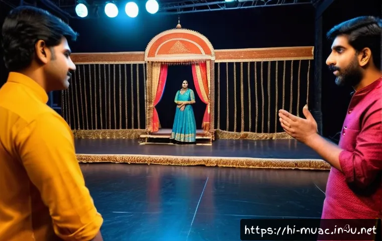 뮤지컬 배우가 알아야 할 극장 매니지먼트 - A vibrant rehearsal scene inside a traditional Indian theater studio, featuring a diverse group of a...