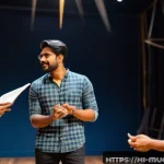 뮤지컬 배우 현장 리허설 경험기 - A vibrant rehearsal scene showing a diverse group of Hindi-speaking theater artists in a warm, dimly...