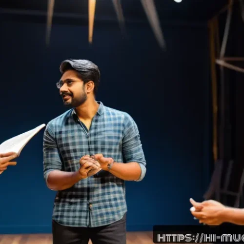 뮤지컬 배우 현장 리허설 경험기 - A vibrant rehearsal scene showing a diverse group of Hindi-speaking theater artists in a warm, dimly...