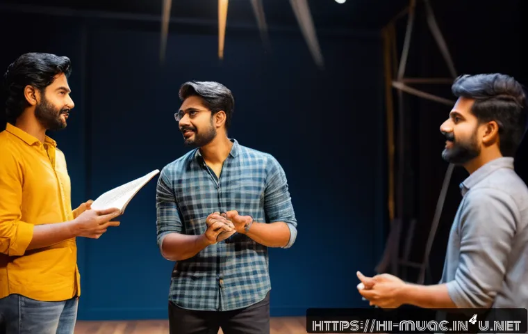 뮤지컬 배우 현장 리허설 경험기 - A vibrant rehearsal scene showing a diverse group of Hindi-speaking theater artists in a warm, dimly...