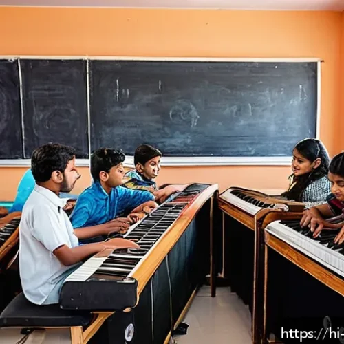 뮤지컬 배우 자격증 취득 방법 - A vibrant modern music academy classroom in India, featuring diverse students of various ages learni...