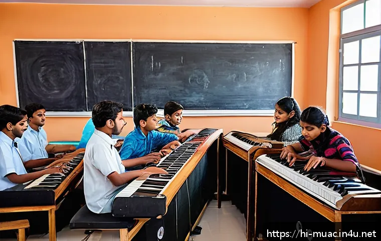 뮤지컬 배우 자격증 취득 방법 - A vibrant modern music academy classroom in India, featuring diverse students of various ages learni...