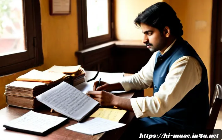 뮤지컬 배우의 역할 준비 심층 연구 - Photorealistic Indian musical theatre actor deeply researching a role at a tidy rehearsal desk, stud...