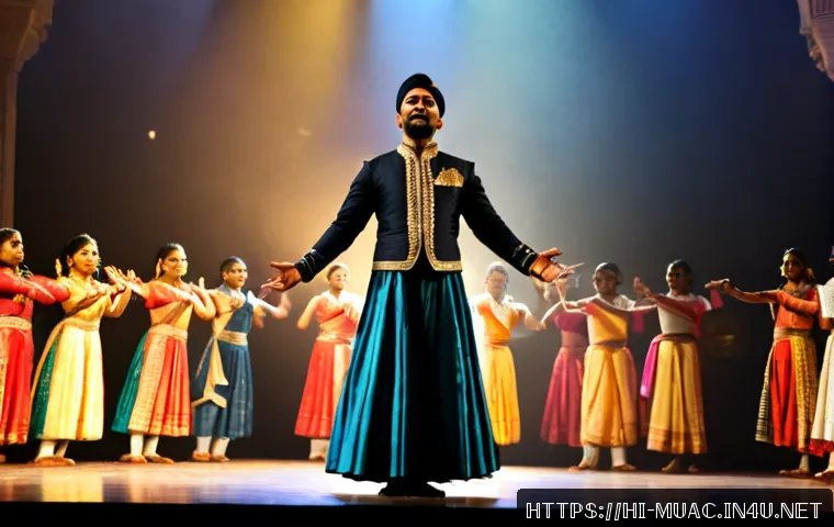 뮤지컬 배우가 이끌어낸 작품 인기 요인 - Photorealistic Indian musical theatre scene, a charismatic lead actor in elegant traditional-inspire...